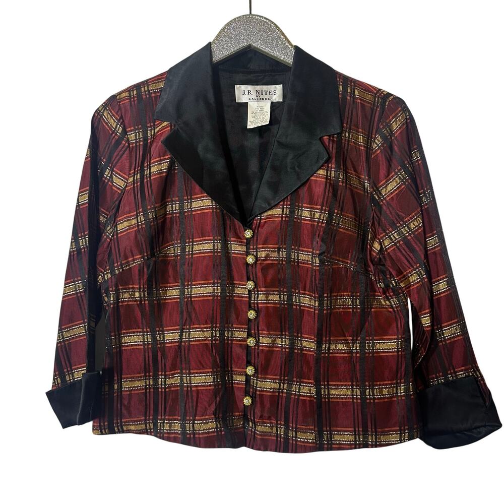 Vintage J. R. Nites Red and Gold Plaid Blouse with Black Cuffs and Jewel Buttons